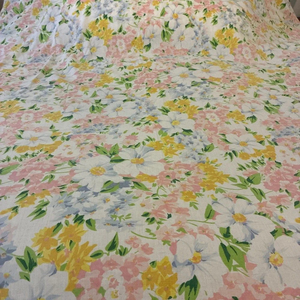 Vintage Colorful Spring Floral Double Full Flat Sheet Pink Yellow Green 96x80