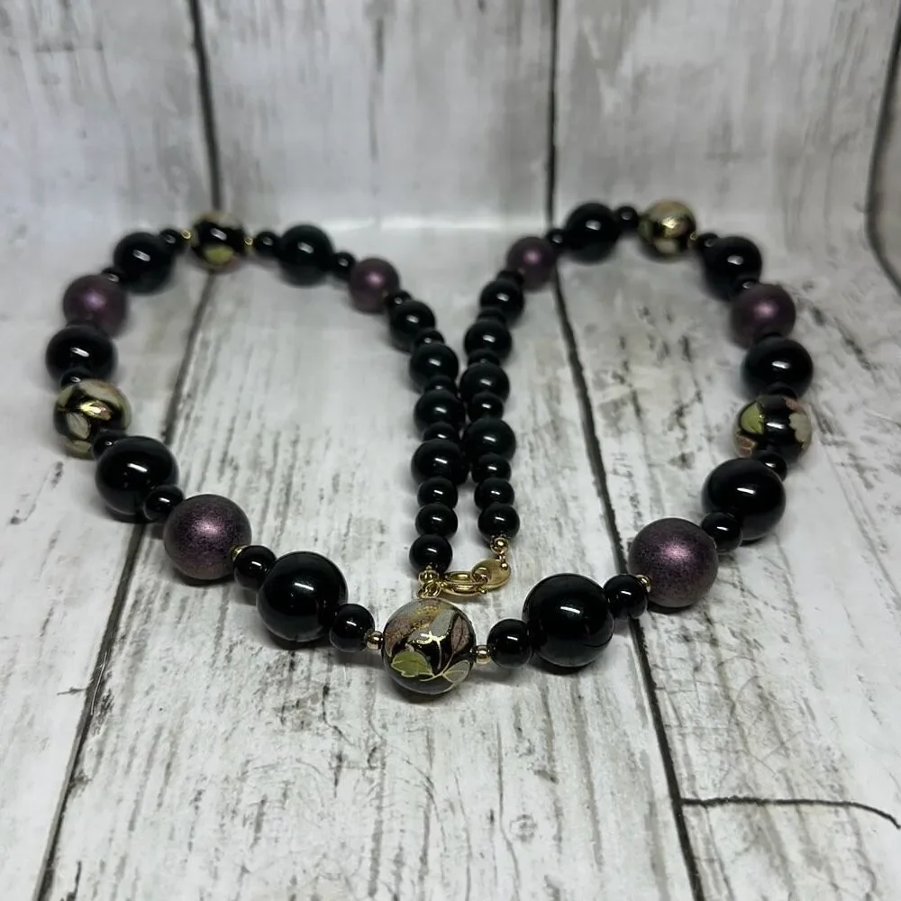 Black Purple Beaded Cloisonné Necklace‎ with Gold Clasp 29” Made in Japan