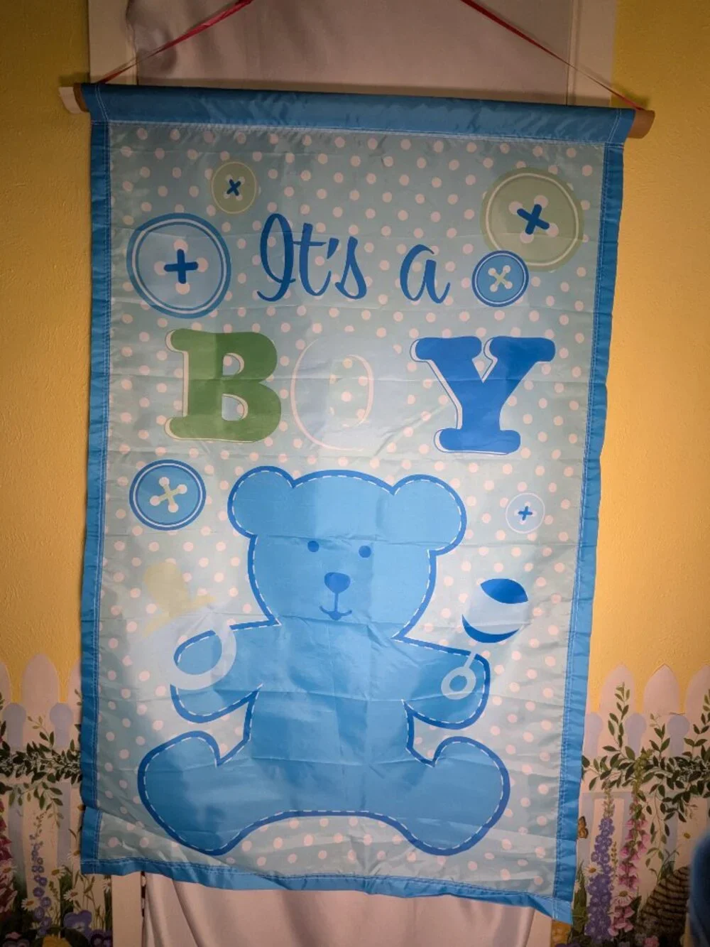 VTG It's A Boy Garden Flag Large Banner Blue Teddy Bear Polka Dot Baby Shower