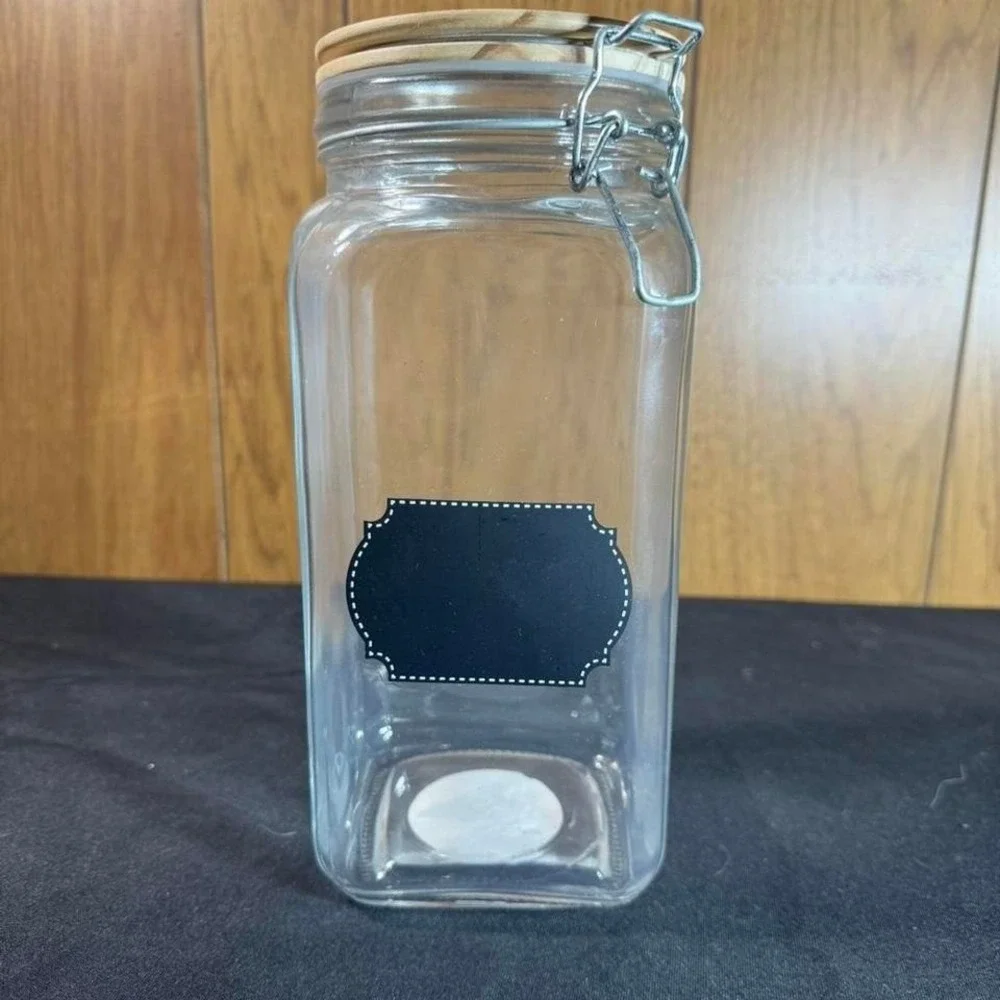 Clear glass jar with‎ wooden lid and chalkboard label NEW