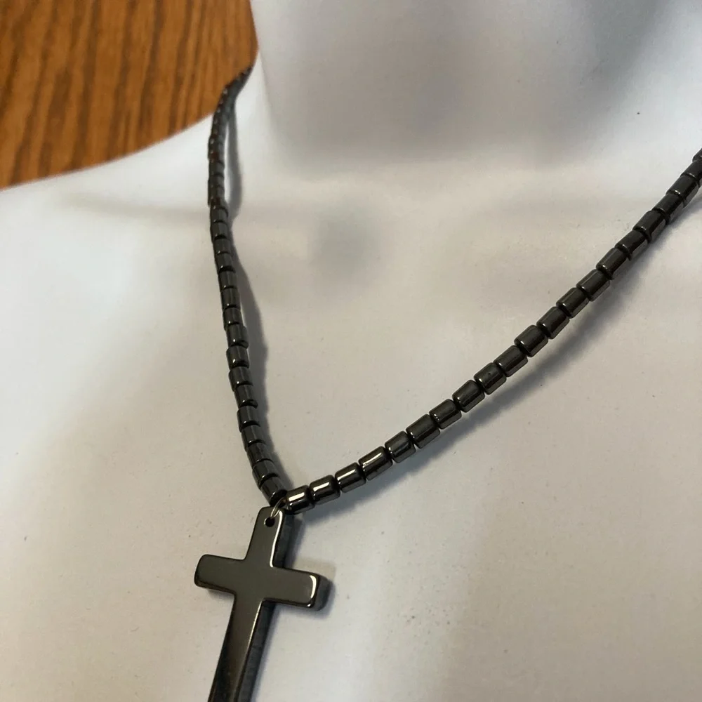 Hematite Cross on Hematite Beaded Necklace