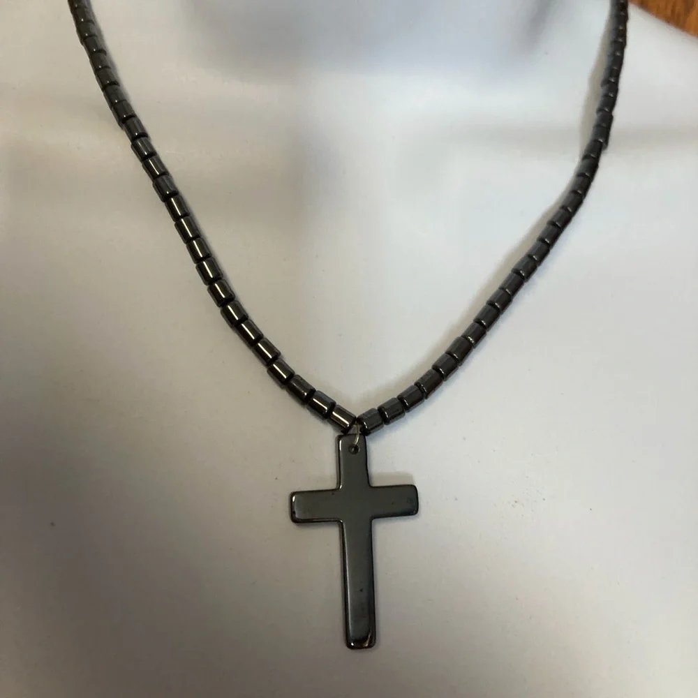 Hematite Cross on Hematite Beaded Necklace