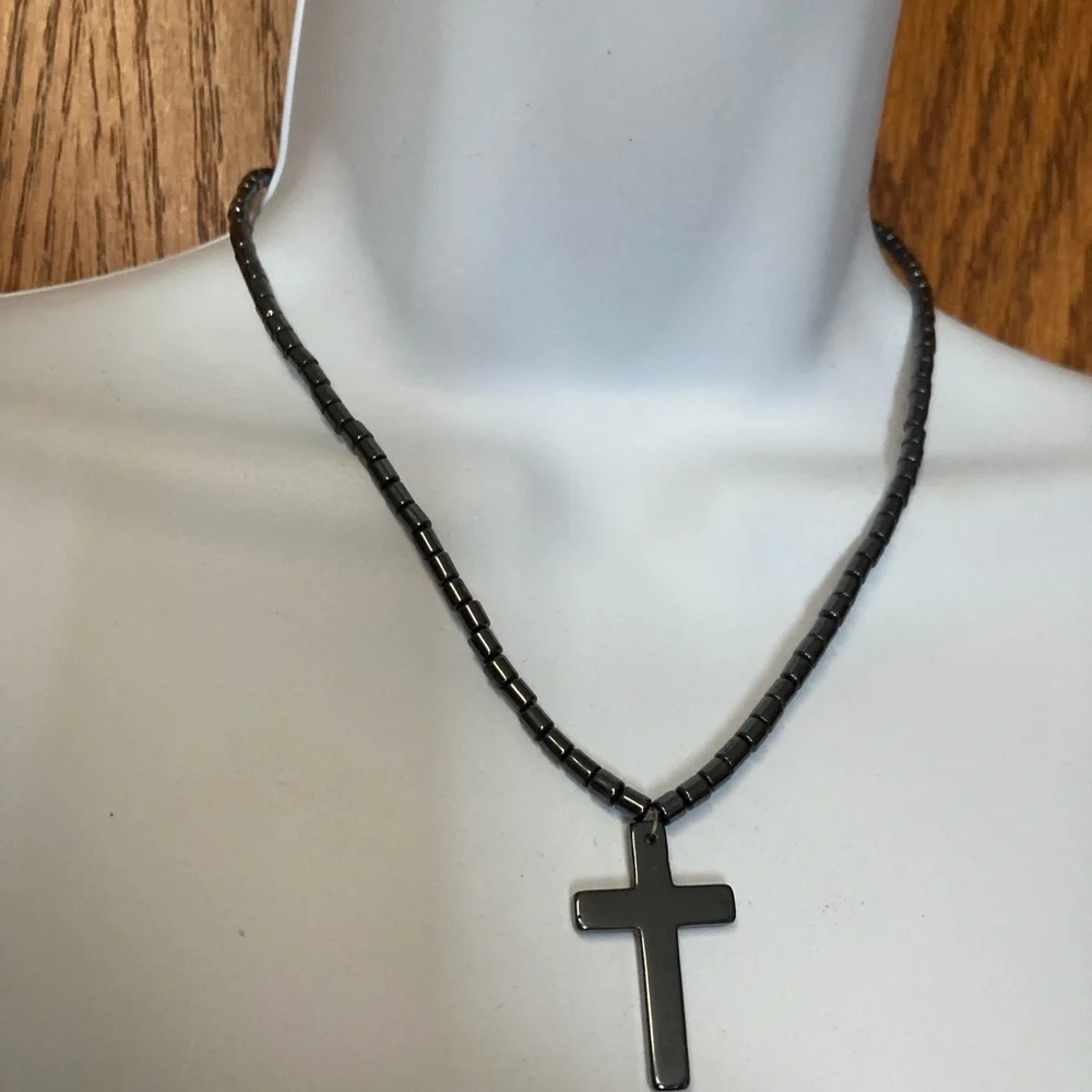 Hematite Cross on Hematite Beaded Necklace