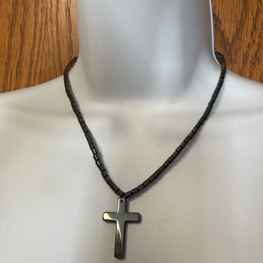 Hematite Cross on Hematite Beaded Necklace