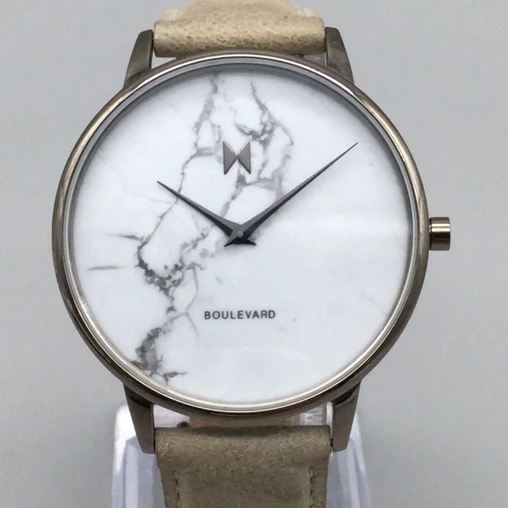 MVMT Crescent Marble Watch Men 38mm Silver Tone Tan Leather Band New Battery