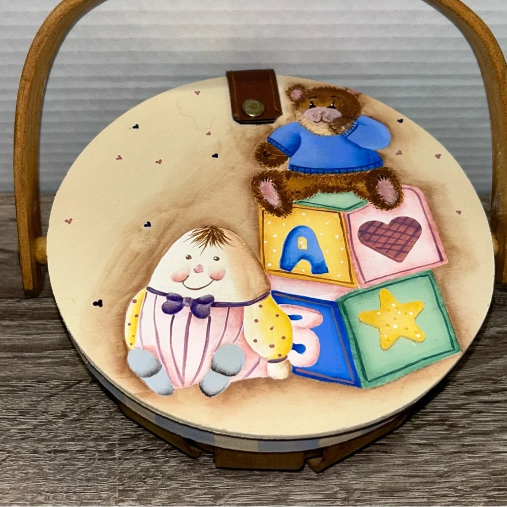 Vintage Handpainted Wood Lidded Basket Leather Hinge Nursery Baby Signed shower