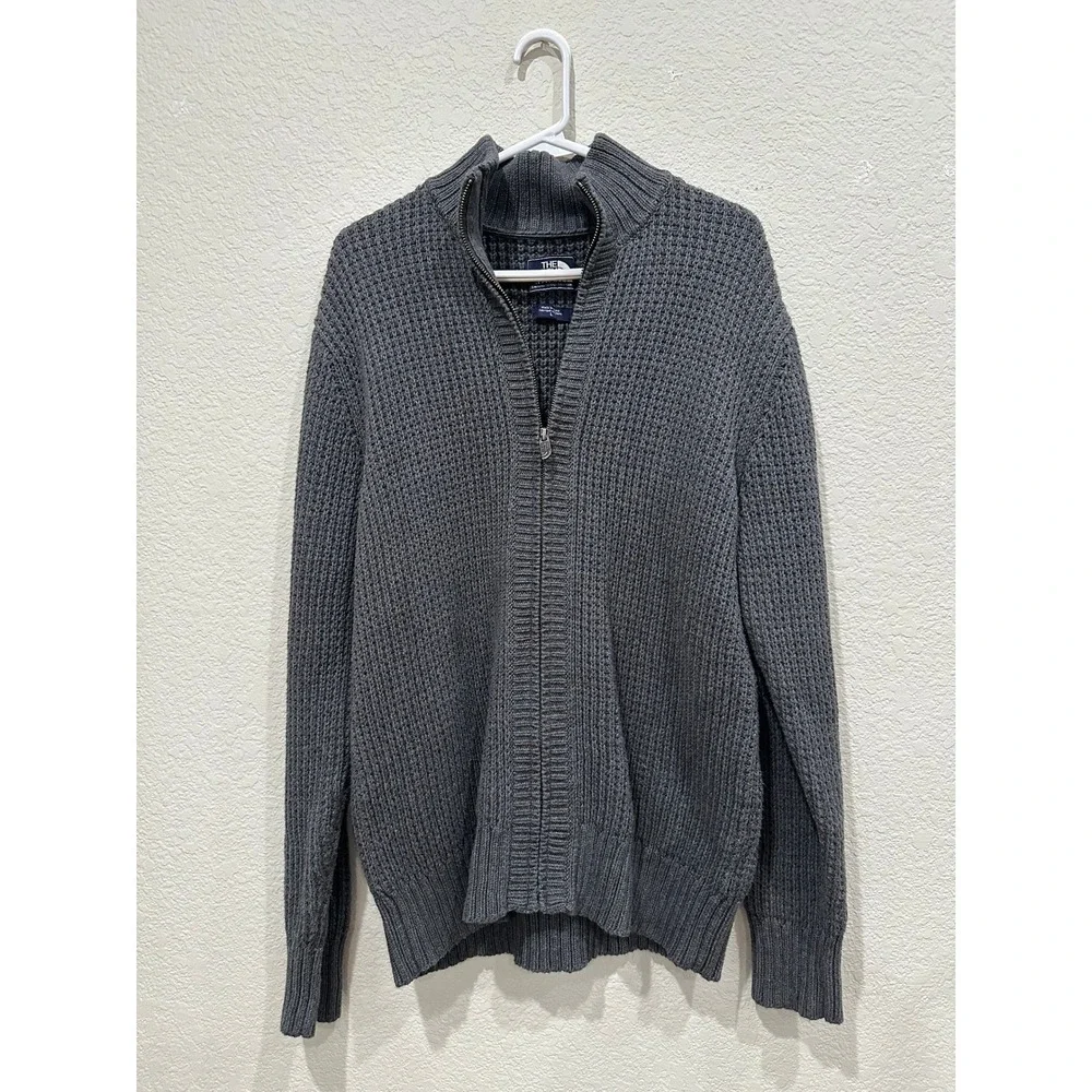 The North Face Mens Grey Full Zip Cotton Waffle Knit Mock Neck Sweater Large
