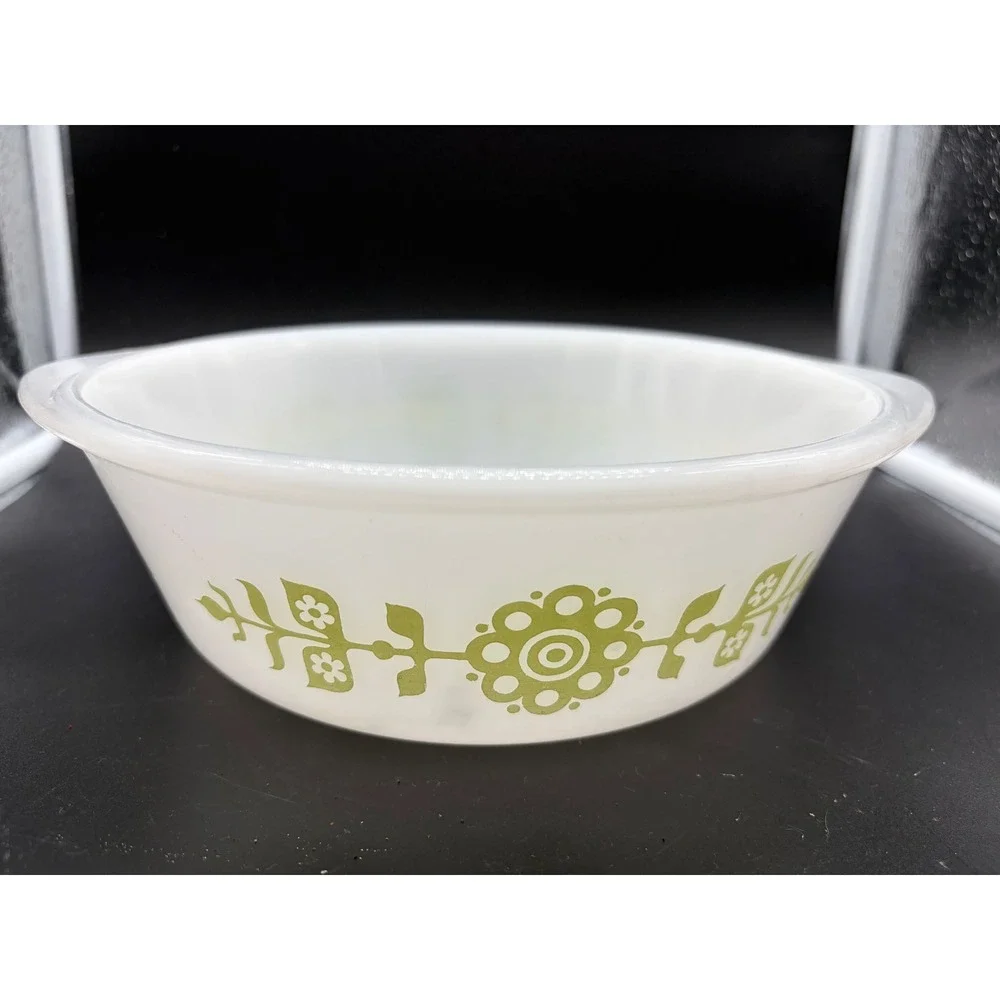 Vintage‎ Glass Bake Casserole Dish Green Floral Milk Glass