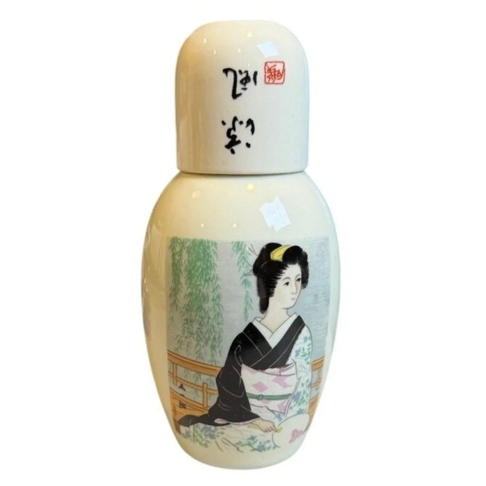 VTG Japanese Sake Bottle Cup Set Geisha Kimono Cream Traditional‎ Barware Japan