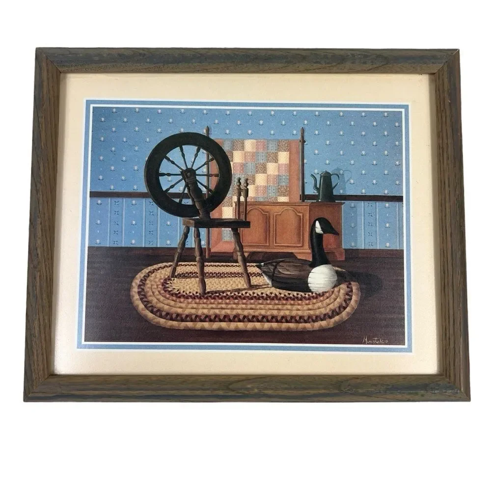 Vintage Moustakos Lithograph Favorite Decoy Framed Spinning Wheel Goose Folk Art