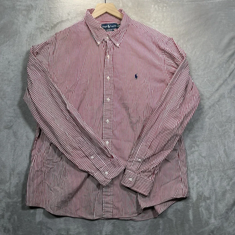 Ralph Lauren Mens XXL Custom Fit Striped Button Down Shirt Red Cotton