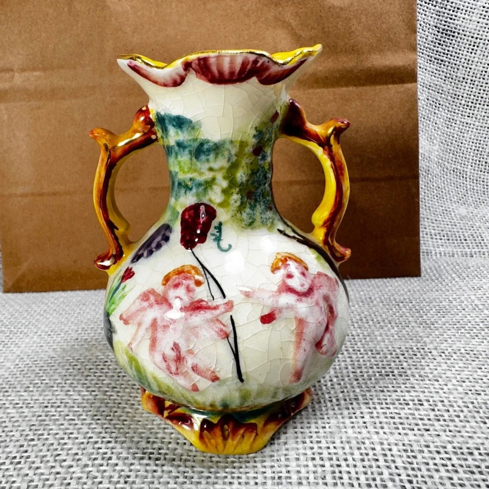 Vintage Japan Cherub Vase Crackle Glaze Double Handle Putti‎ Cottage Decor 4.5
