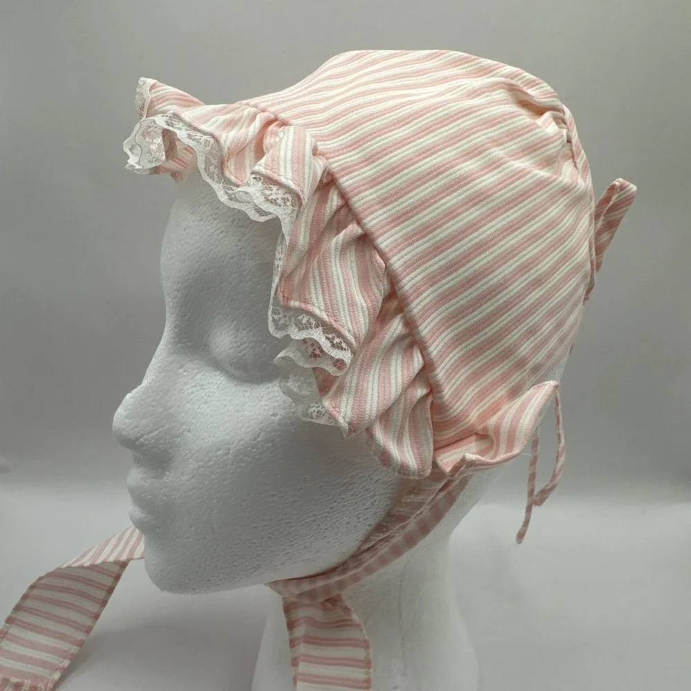 Vintage Baby Bonnet Pink White Cotton Stripe Adjustable Ribbon‎
