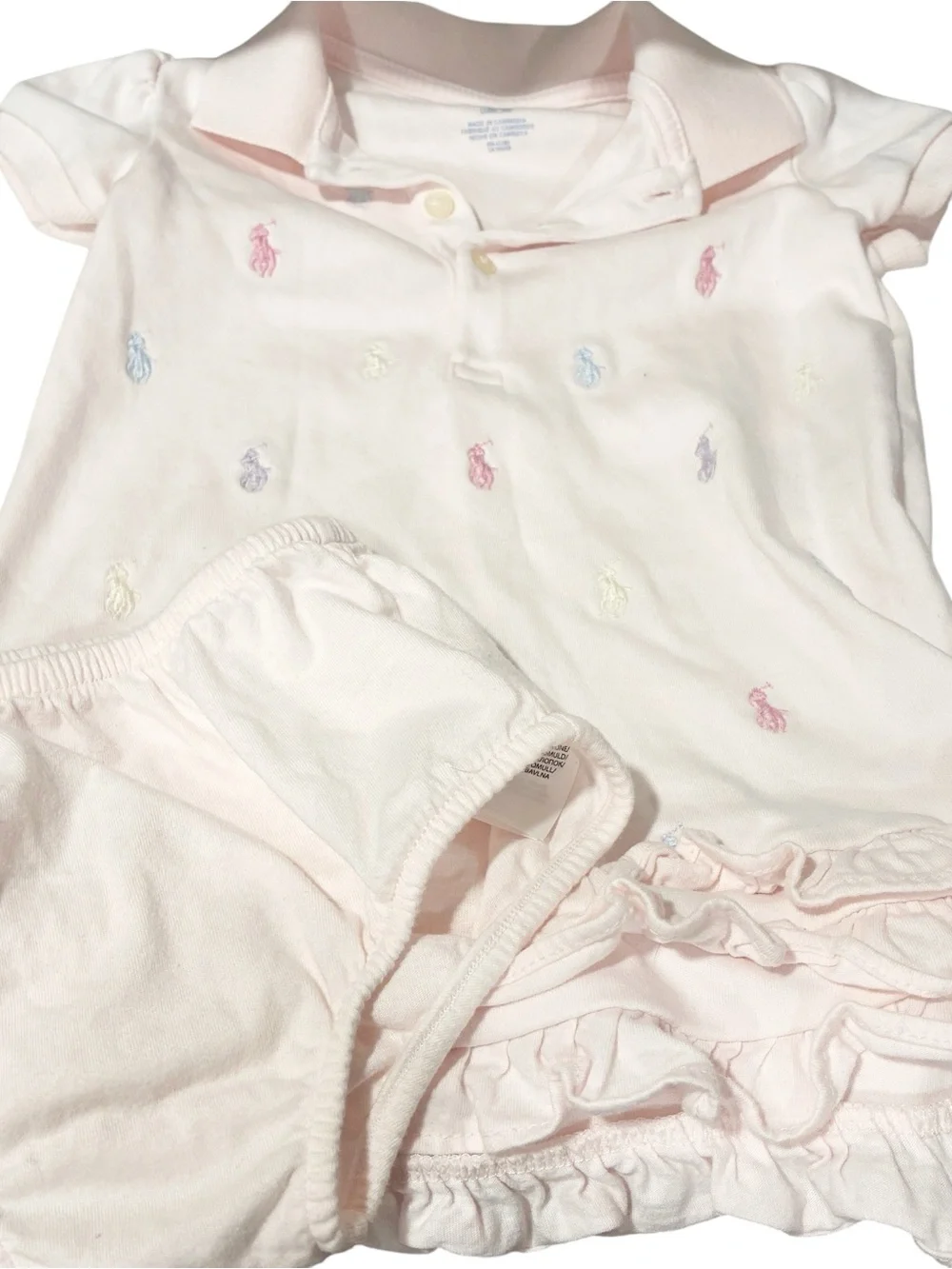 RALPH LAUREN Embroidered Pink Pastel Pony Ruffled Dress‎ Bloomer Set Size 12M