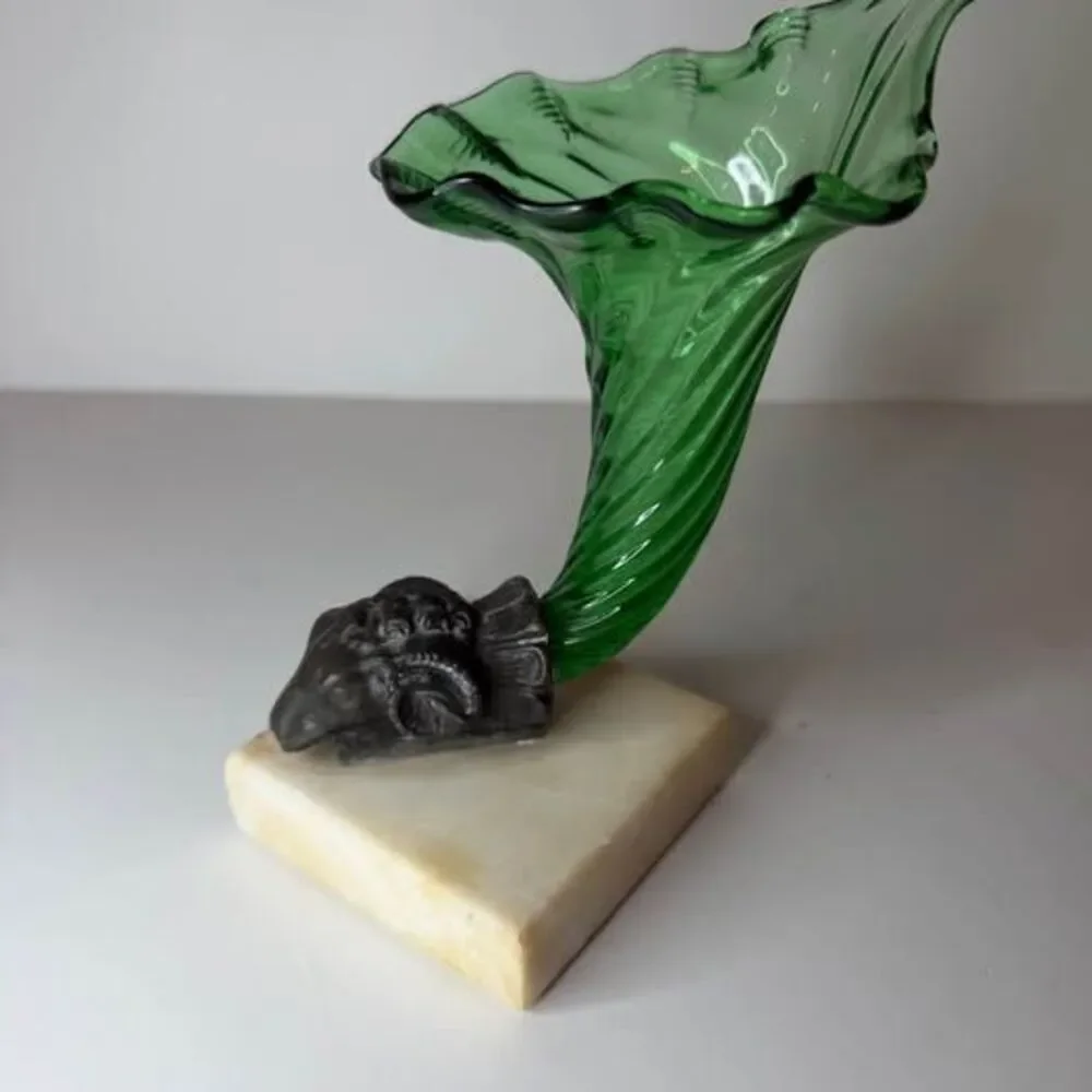 Victorian Era Green Glass Cornucopia Vase with Bronze Ram on Marble Base