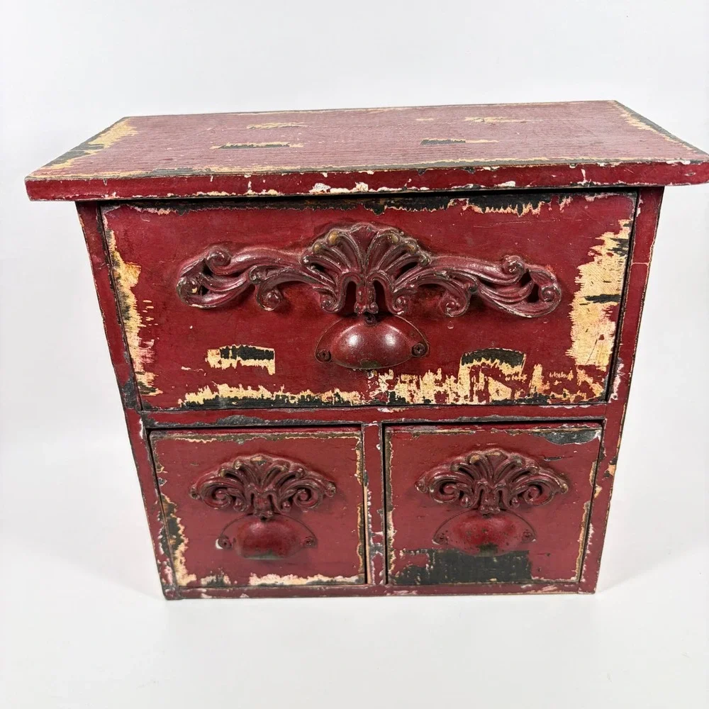 Distressed Red Wooden Mini Desktop Drawers Tabletop Organizer Chest Hobby Lobby