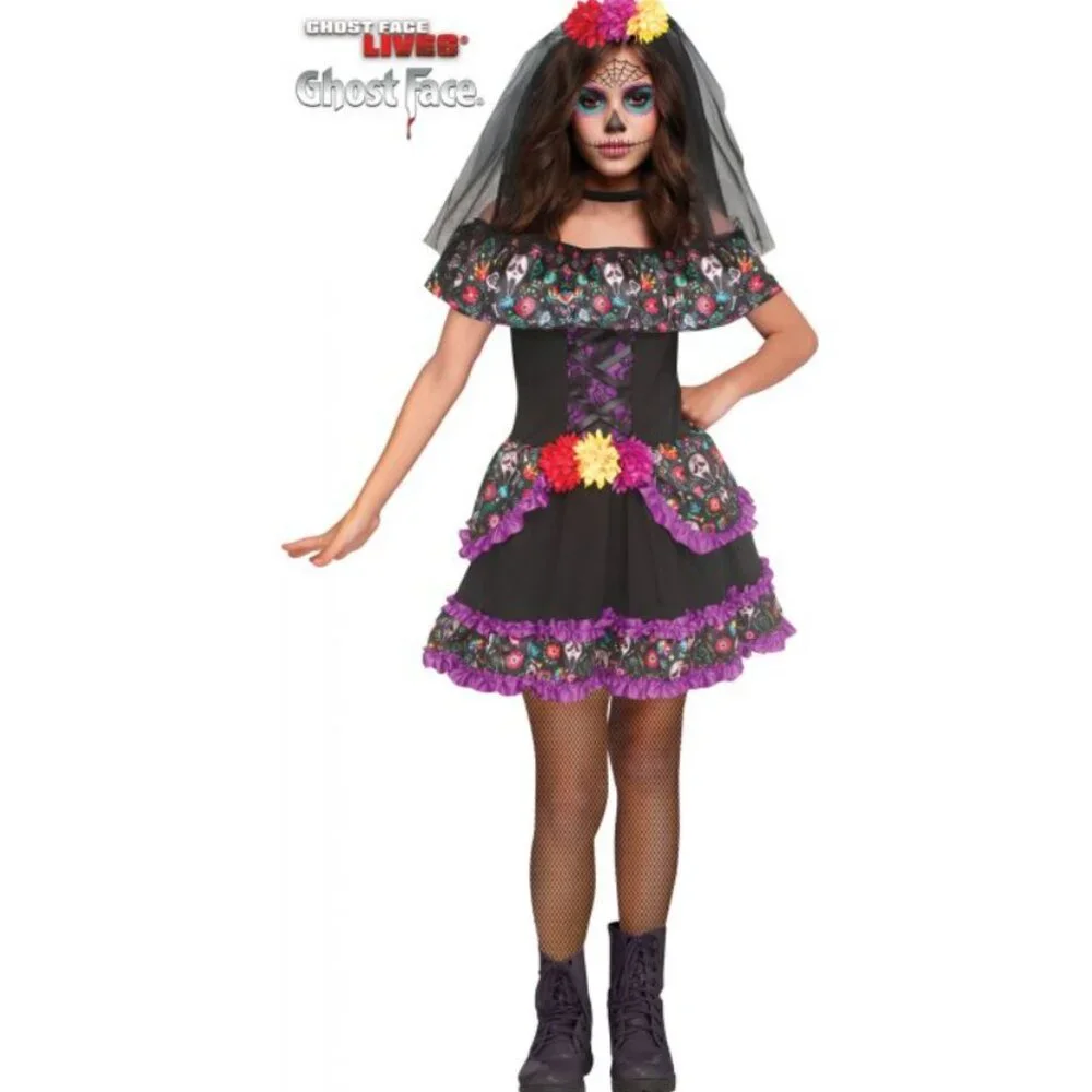 Day of Dead Halloween Costume 8/10 Ghost Face Lives Sugar Skull Calaveras Girls