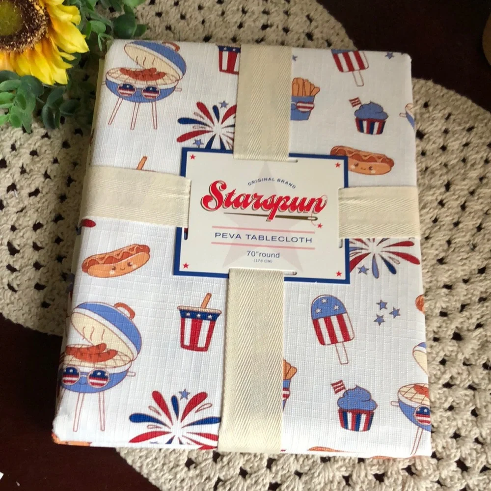 Patriotic PEVA Tablecloth - White with Red & Blue Print