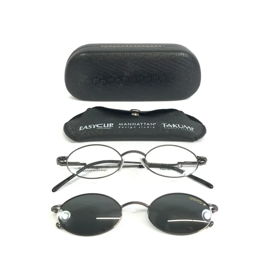 Easyclip Small Eyeglasses Frames ENTRY 091 Gunmetal w Magnetic Clip-on 46-19-135