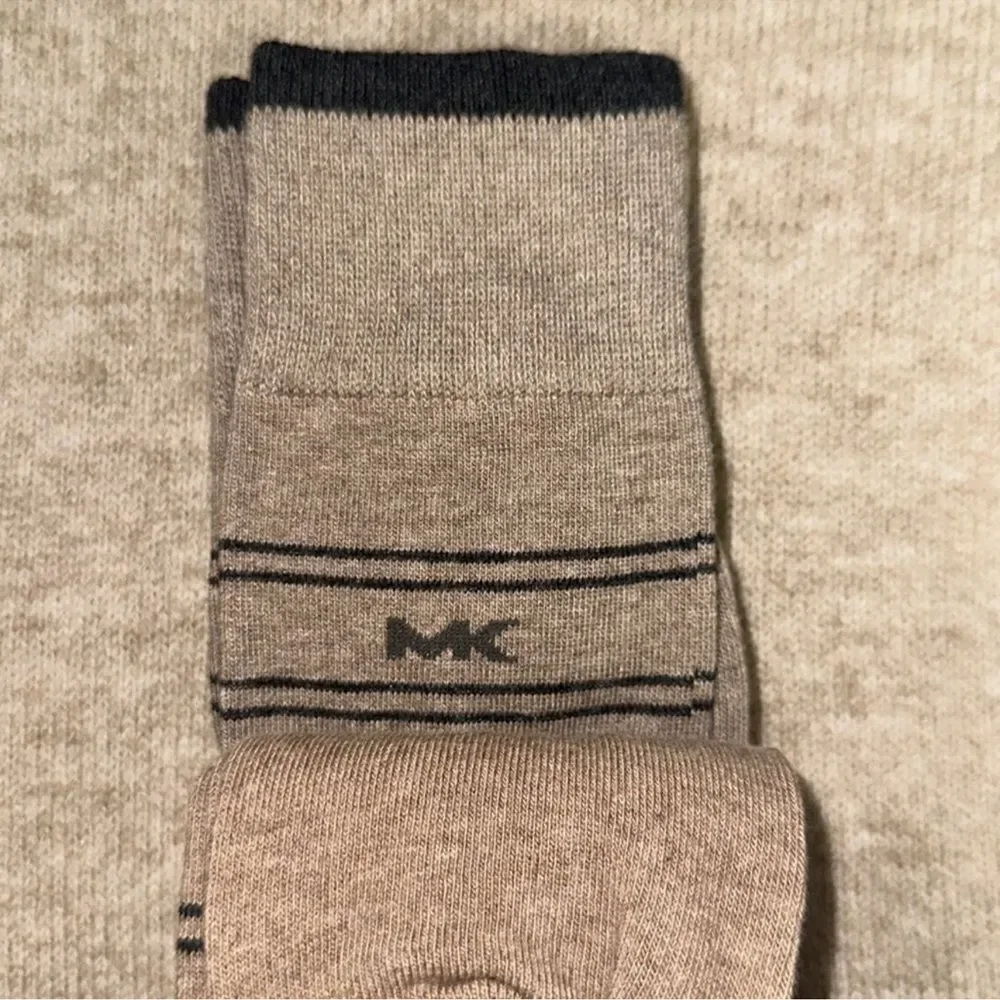 MK Men’s 3 pack Taupe Heather Gray Tan Ivory Cotton Blend Dress Crew Socks