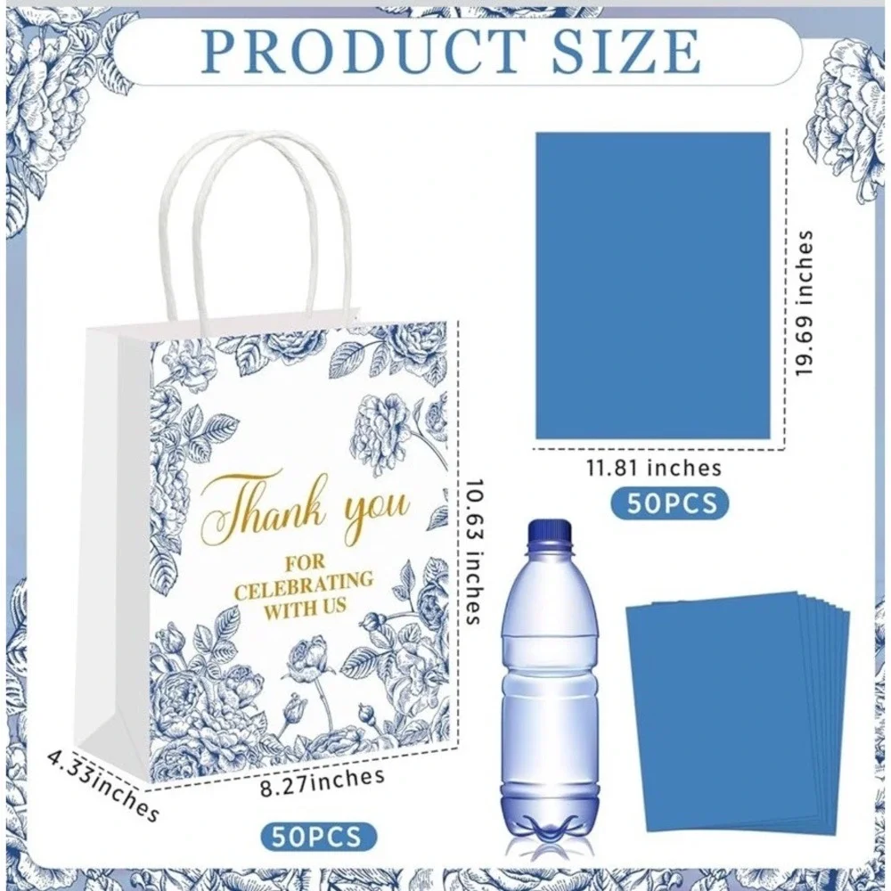 50 Pack Blue Toile Floral Thank You Paper Gift Bags Favors Wedding Bridal Shower