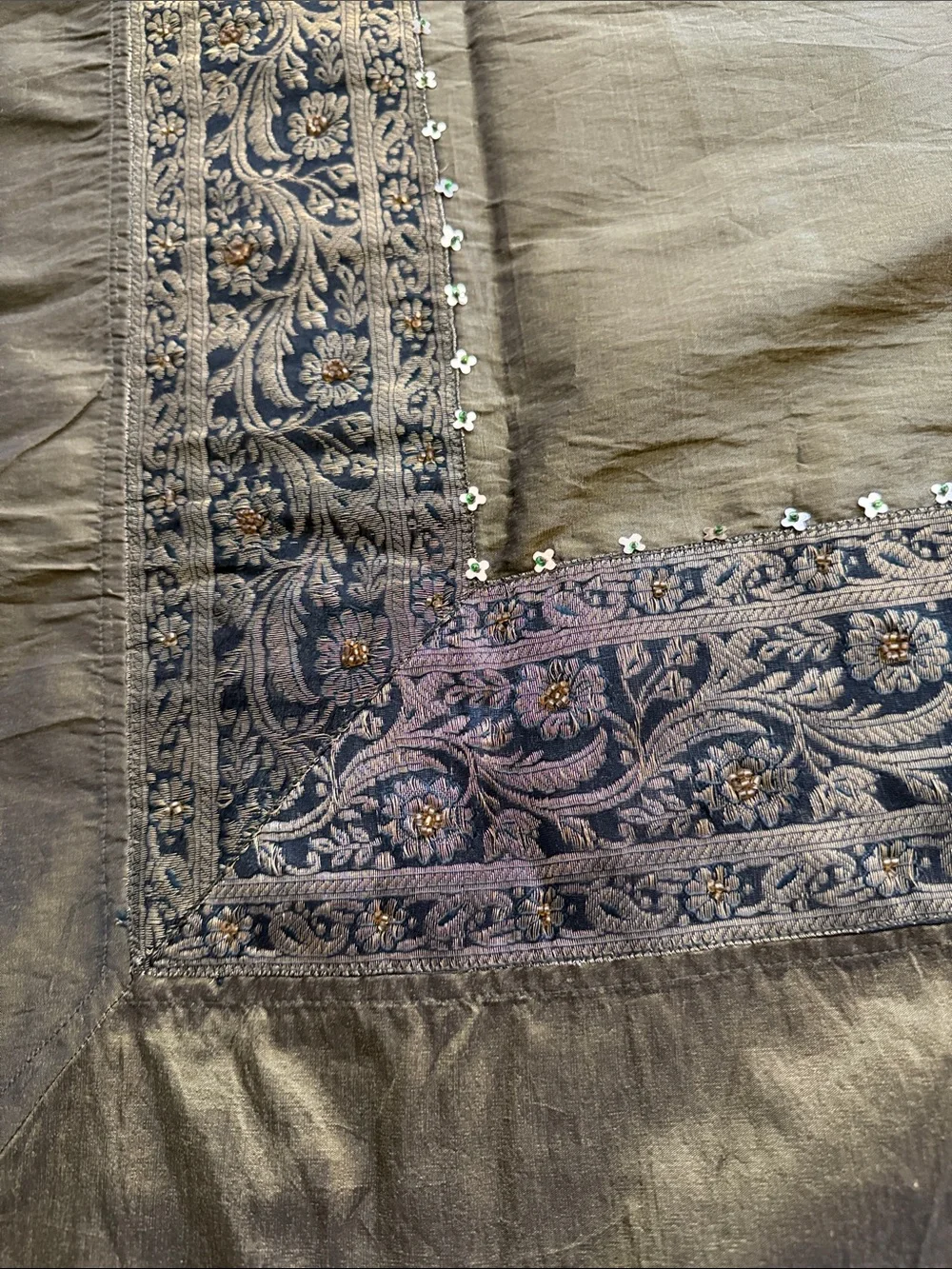 Olive Green Embroidered Cotton Throw/ table cover with goldTassels