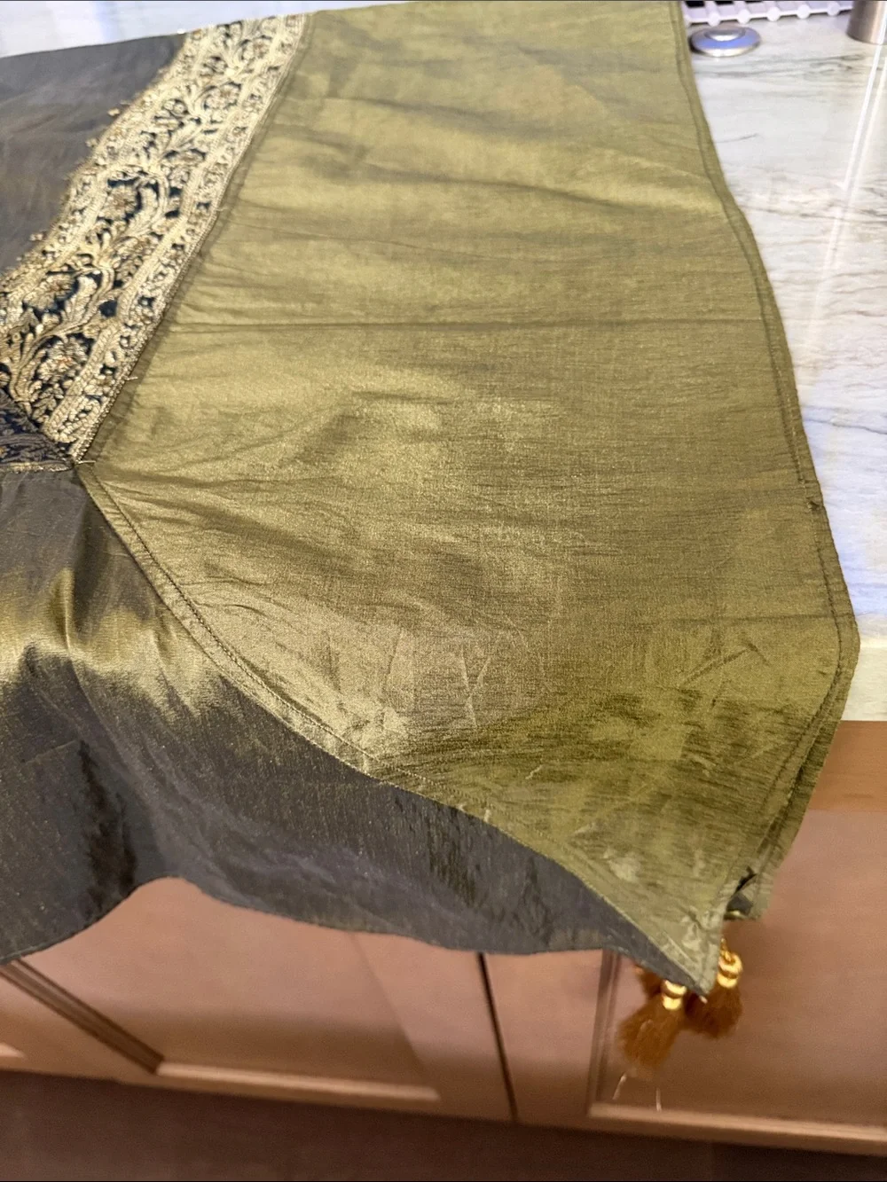 Olive Green Embroidered Cotton Throw/ table cover with goldTassels