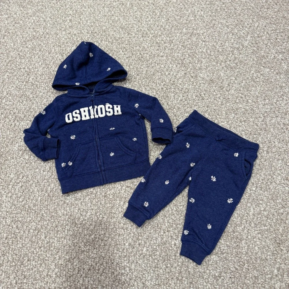 OshKosh B'gosh Navy Blue Floral Fleece Hoodie‎ & Jogger Set Baby Size 12 Months