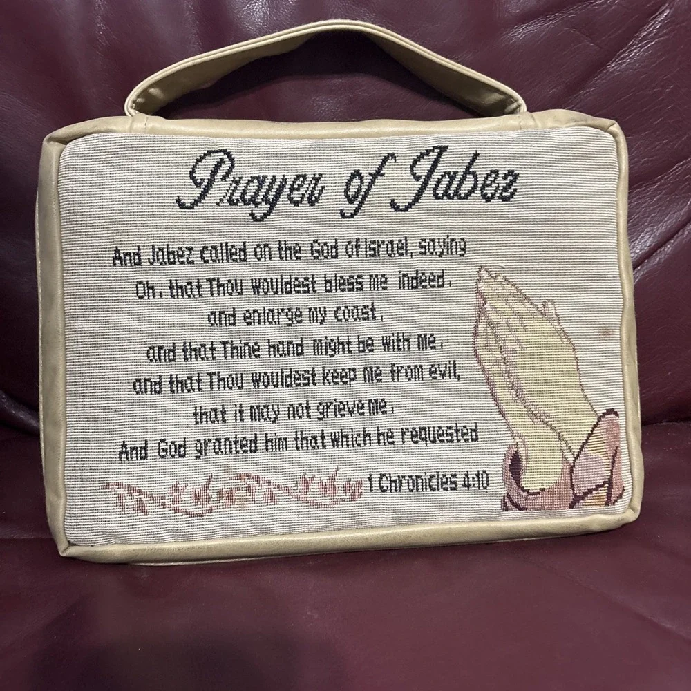 Bible Cover‎ Zipped Embroidered Tan/Faux Leather Prayer of Jabez 10 x 7 - Bible