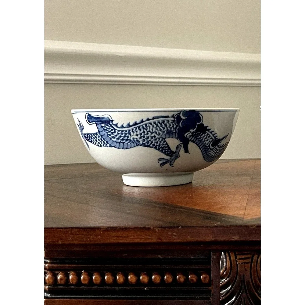 Vtg Chinese Blue & White Porcelain‎ Dragon Bowl w/ Bottom Markings