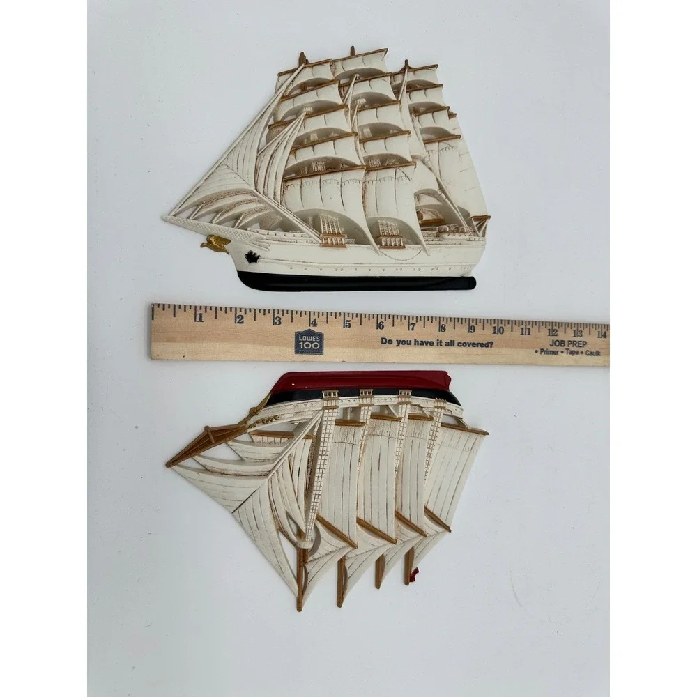 Vintage Sailing Ship Wall Decor Nautical 3D Relief Plaques Cream White Set of 2‎