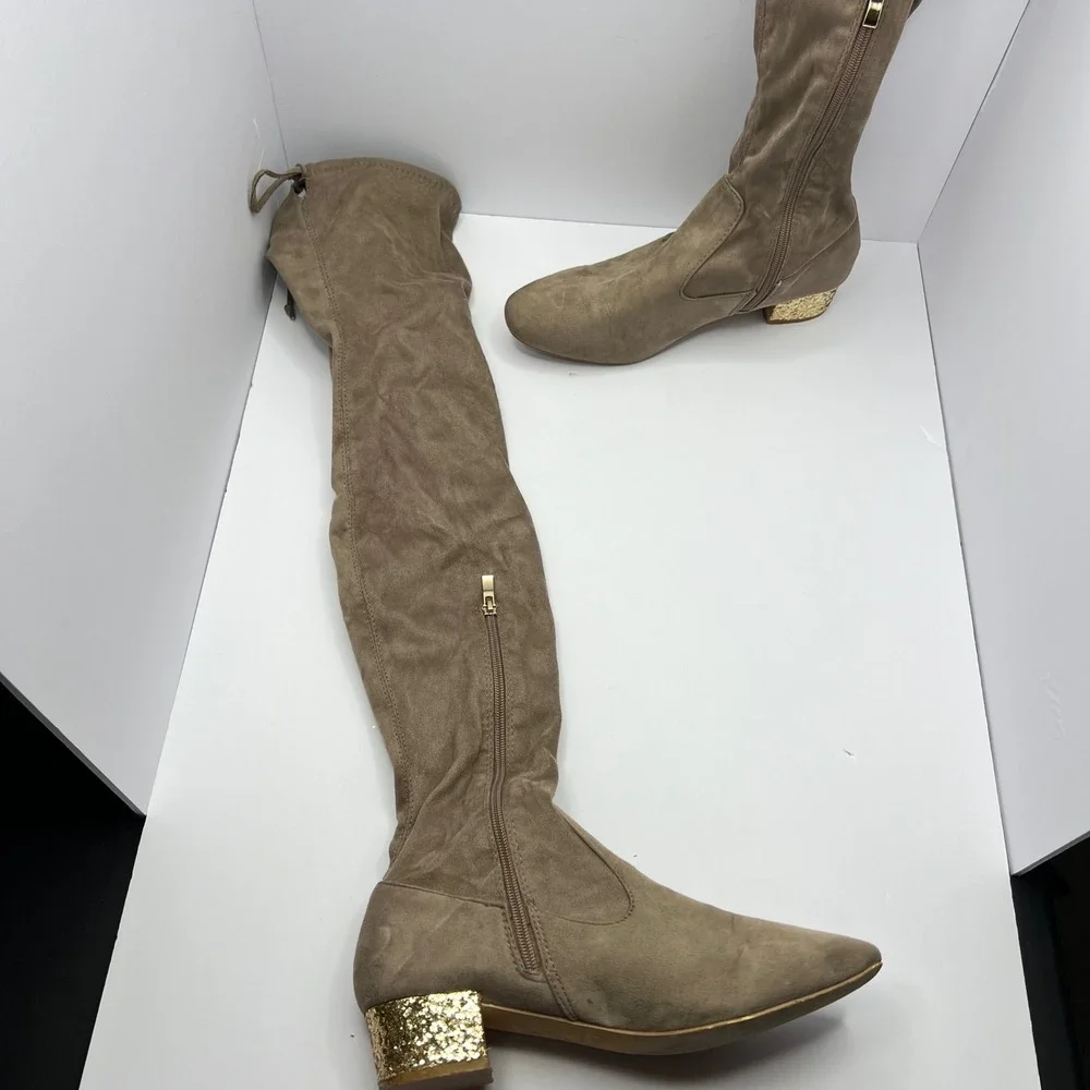 Catherine Malandrino Taupe Over the Knee Boots Women‎ Size 9 Gold Glitter Glitzy