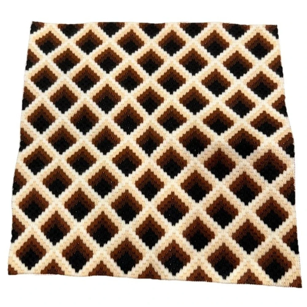 Vintage Latch Hook Rug Brown Cream‎ Black Geometric Retro 1970s Wall Hanging
