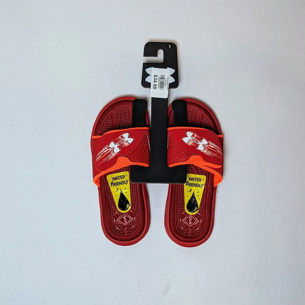 NWT Under Armour Mercenary Slides Size 2 Youth Red Water Shoes 3026154-600