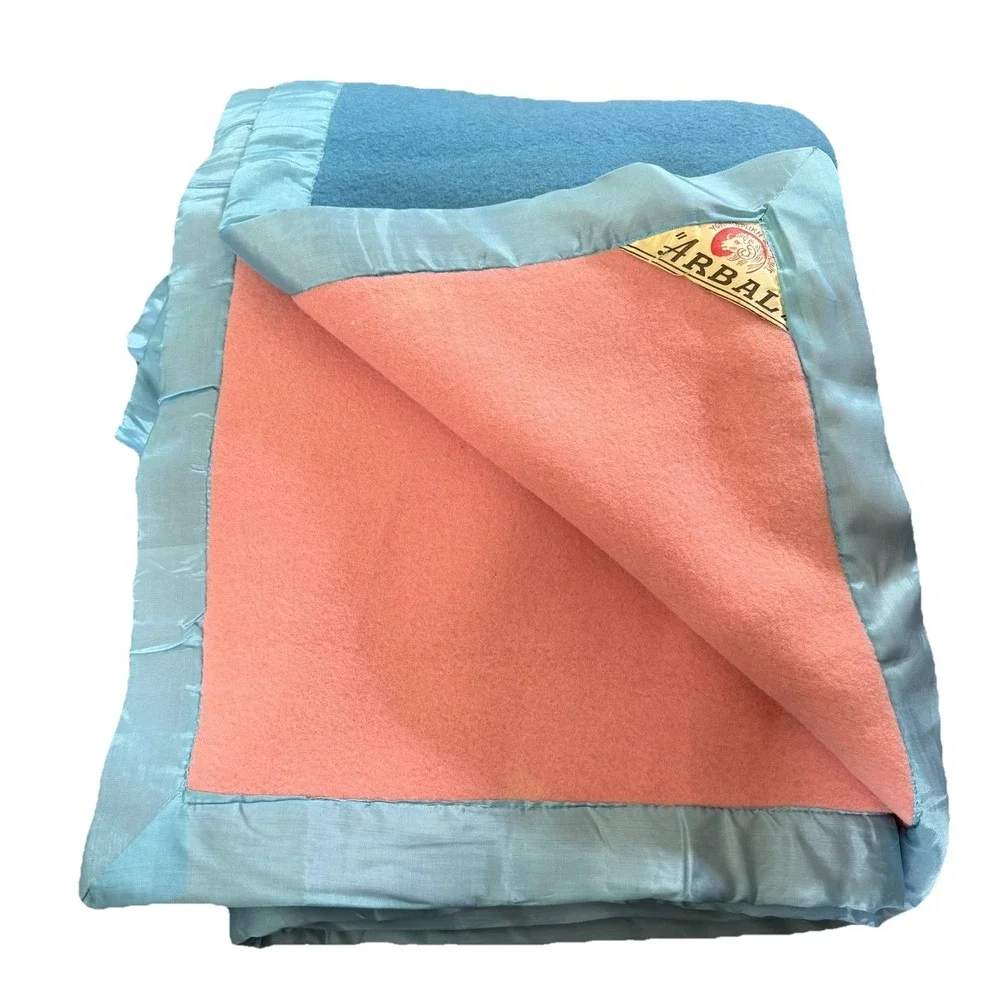 Vintage Arbal Greek  Wool Blanket Satin Trim Reversible Pink‎ Blue MCM Heavy