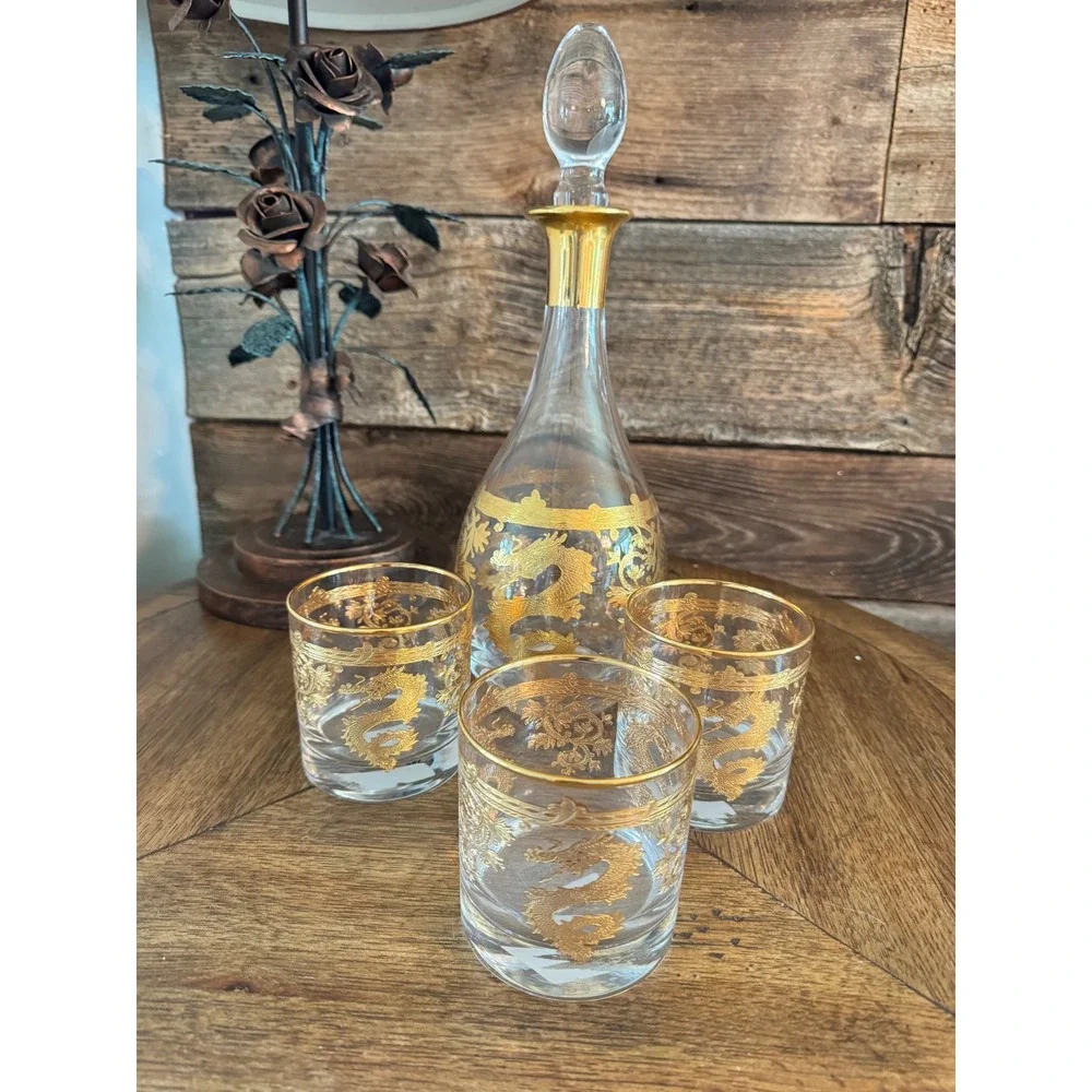 Willams‎ Sonoma Gold year of Dragon Encrusted Decanter 3 Glasses Set Barware