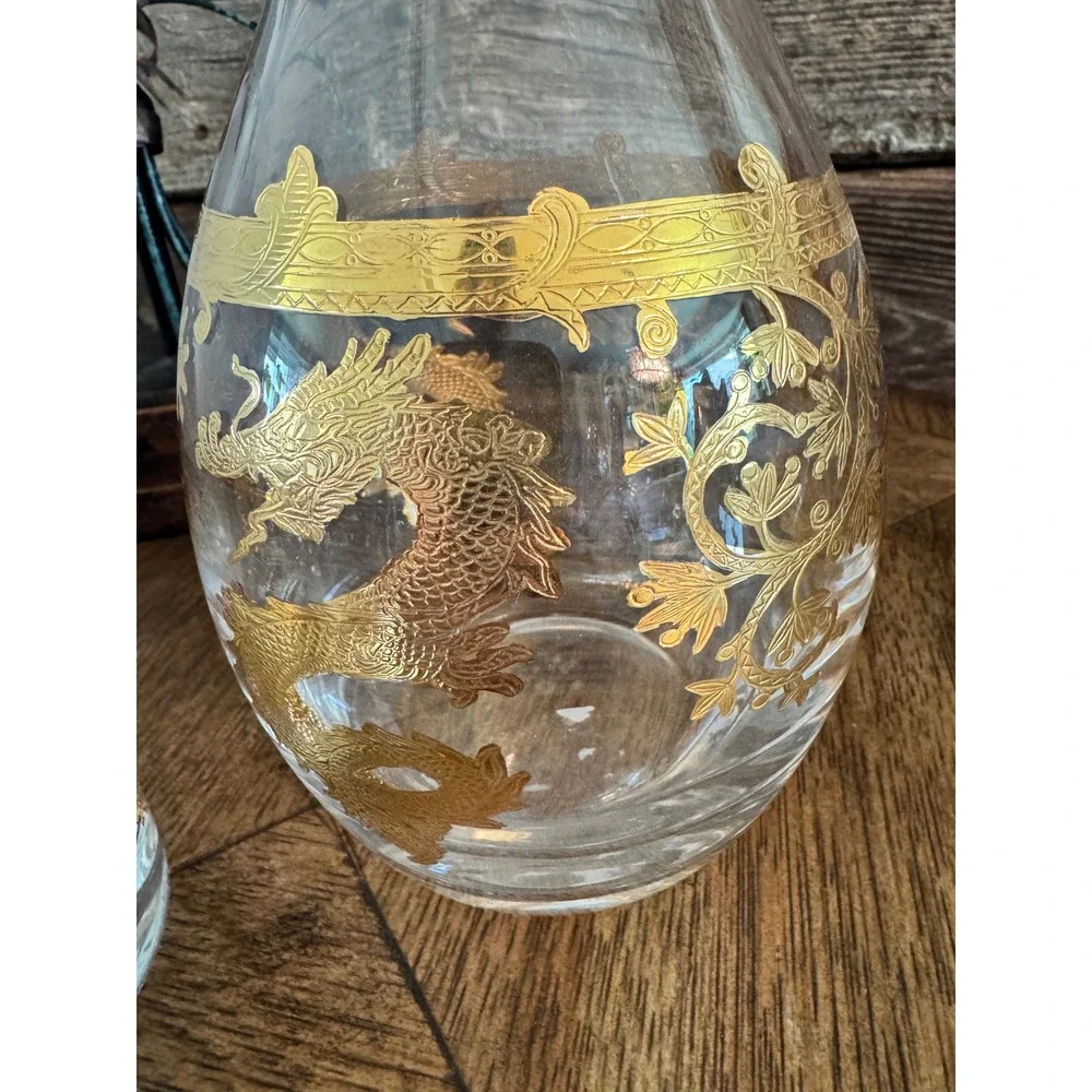 Willams‎ Sonoma Gold year of Dragon Encrusted Decanter 3 Glasses Set Barware
