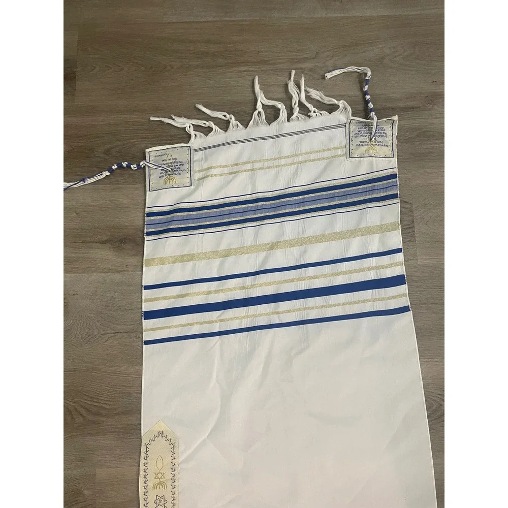 Messianic Jewish Tallit Prayer Shawl White Blue Gold Hebrew Bible Verses 70in
