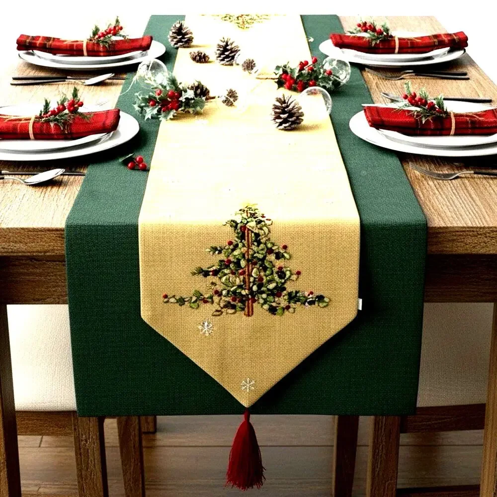Christmas Table Runner Gold Sparkle Ribbon Embroidered Tree Tassels XMAS 72 X 13