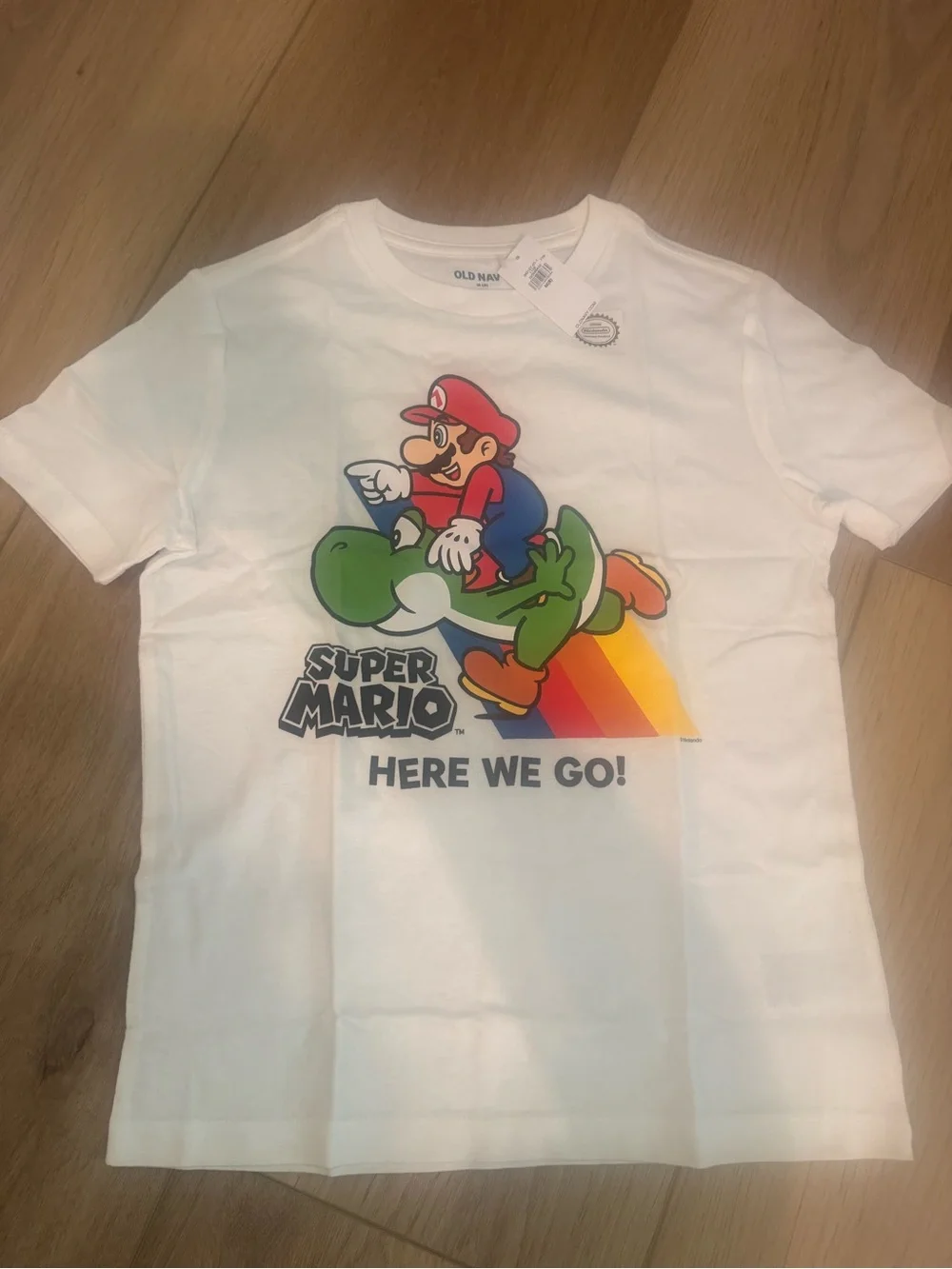 Old Navy White Super Mario & Yoshi Graphic Tee with Rainbow Accent