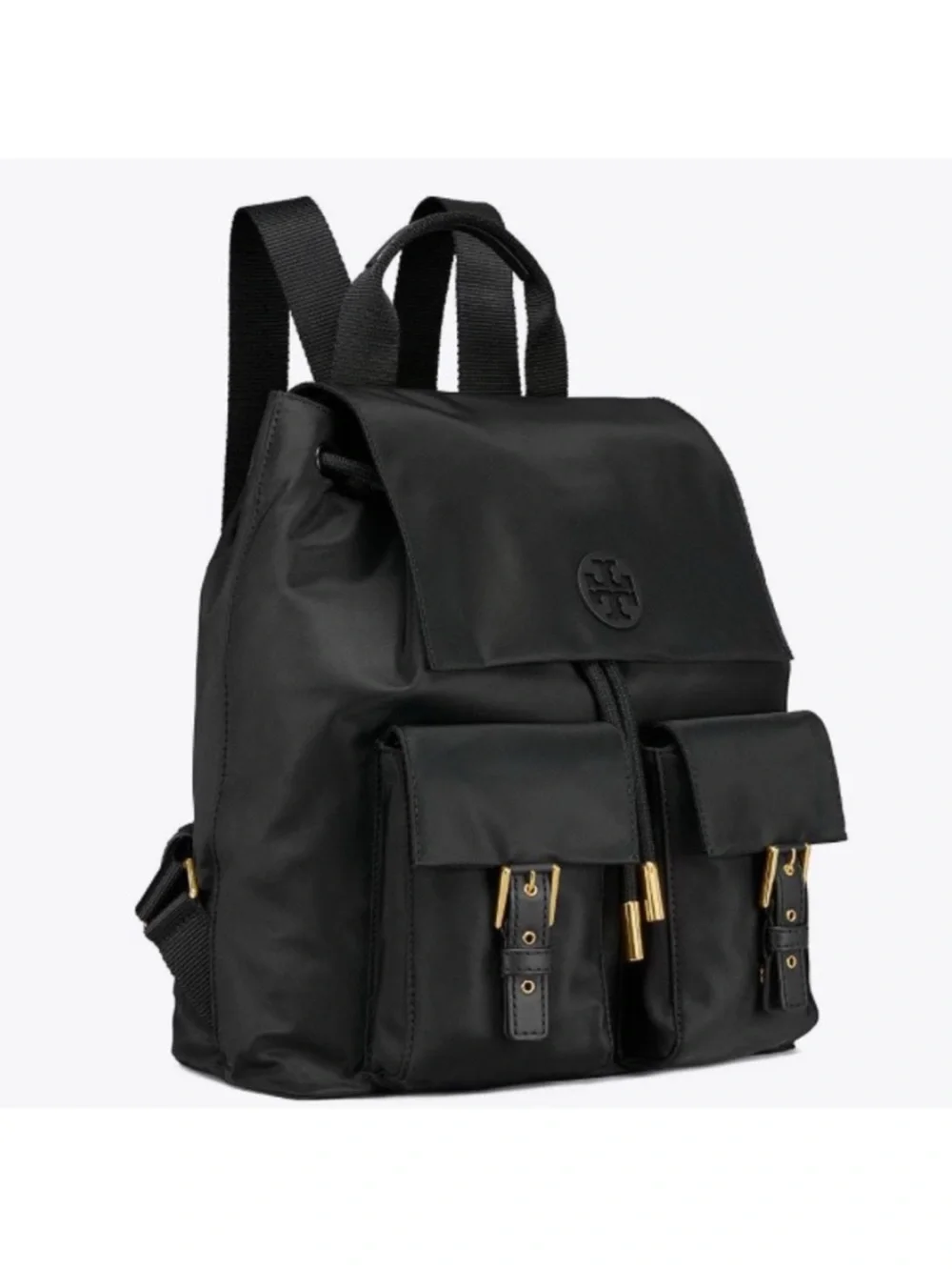Tory Burch Black Nylon Backpack with Front Pockets Gold hardware Front logo