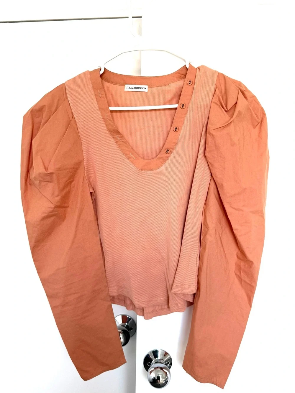 Ulla Johnson Peach Puff-Sleeve Button-Neck Top