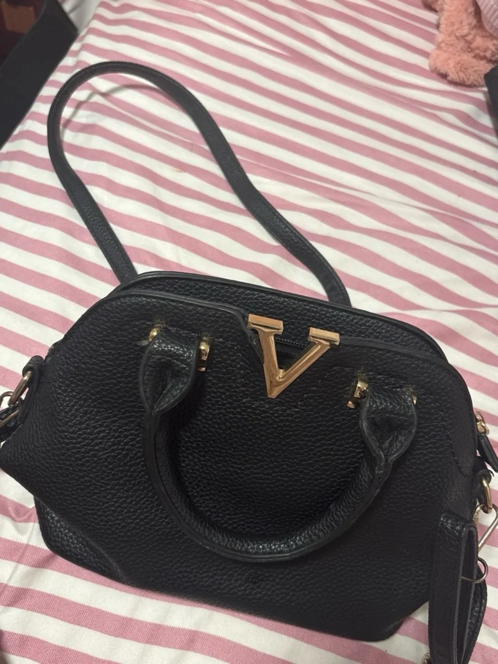 Black Pebbled Leather Satchel with Gold V Accent