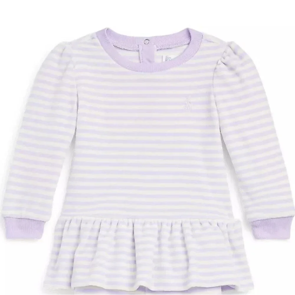Ralph Lauren Baby Girl's Purple Cream Stripe Velour Long Sleeve Ruffle Top 24M