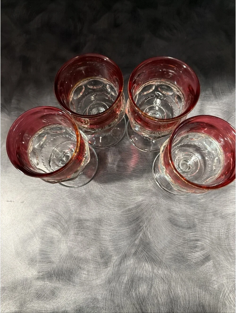 Set Of 4 Vintage Indiana Glass Kings Crown Ruby Red Rim Goblets Cordials