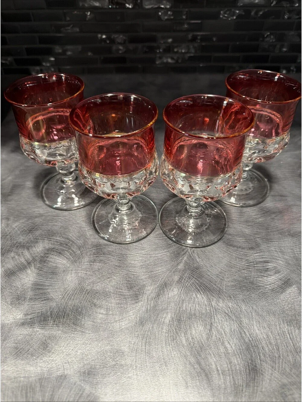 Set Of 4 Vintage Indiana Glass Kings Crown Ruby Red Rim Goblets Cordials