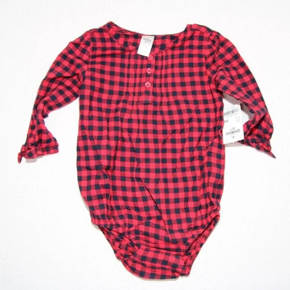 OshKosh Girls Denim Overalls Set 18M Red Plaid Heart Blue Fleece Lined 2pc