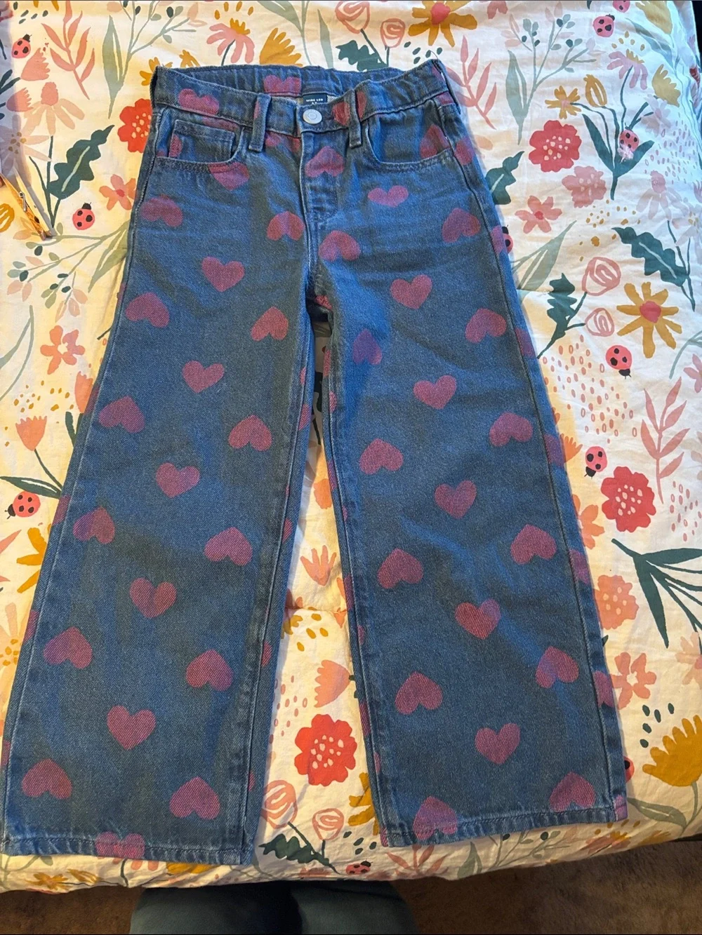 Old Navy Blue Denim Wide-Leg Jeans with Pink Heart Print