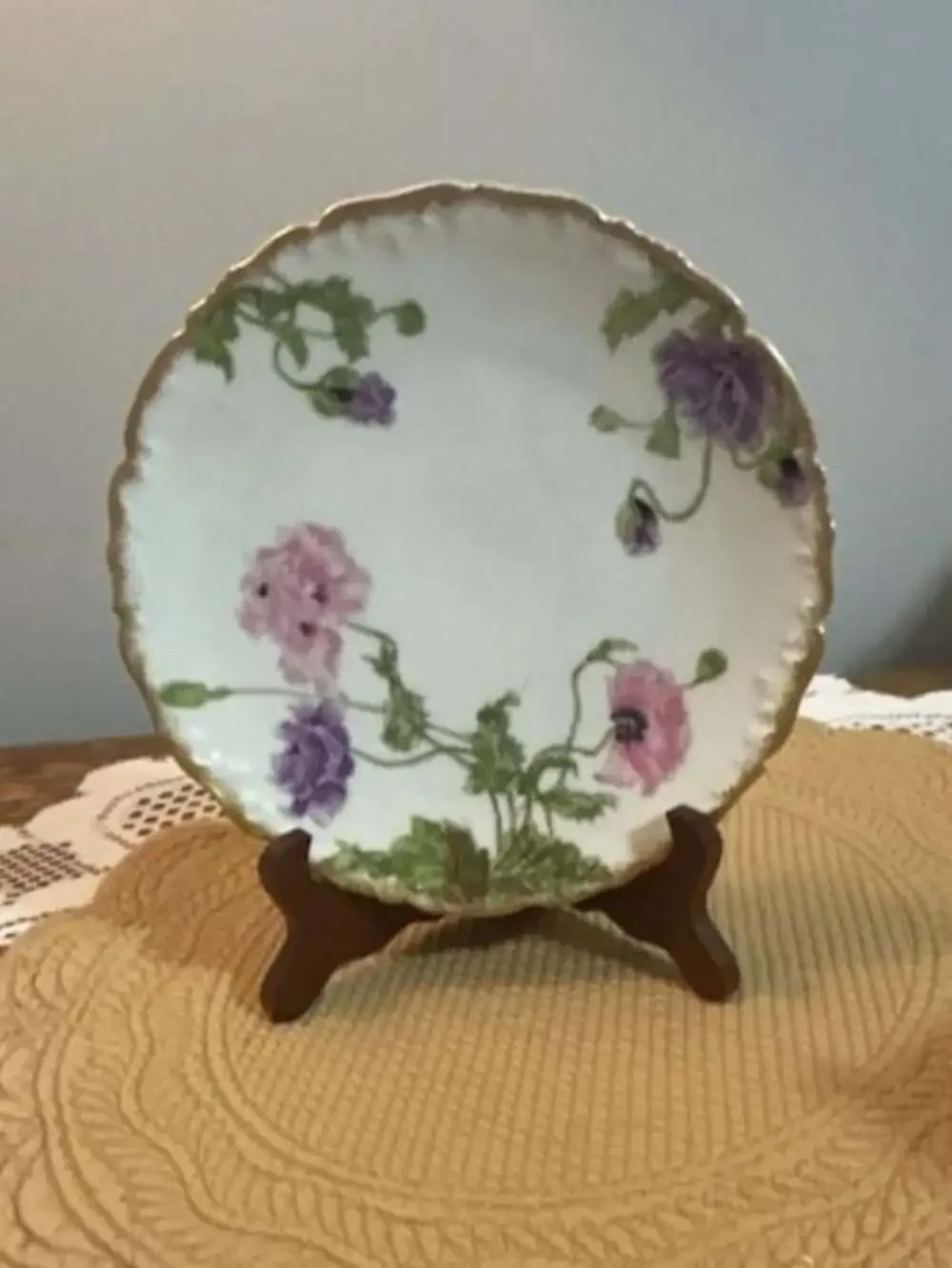 Antique Tressemann & Vogt Limoges Porcelain Plate Pink Purple Poppies Gold Trim