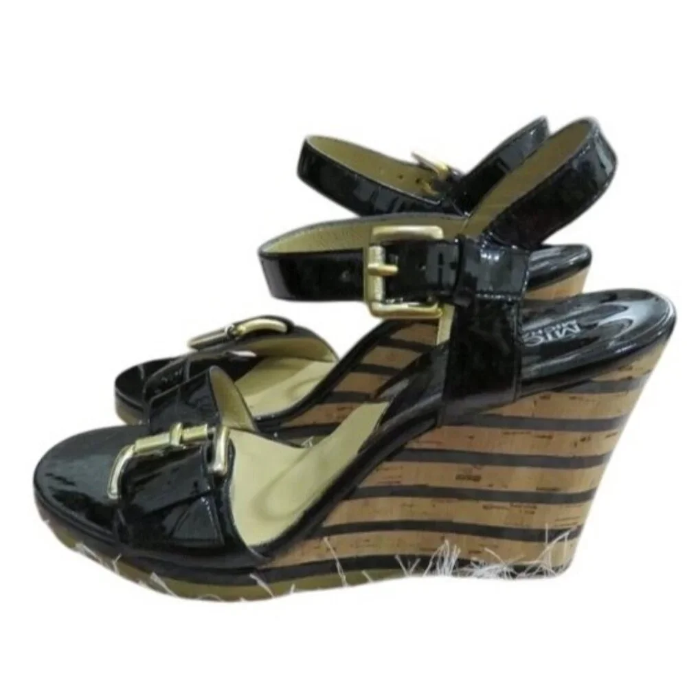 Michael Kors Embellished Buckled Black Italian Leather Wedge sandals heels